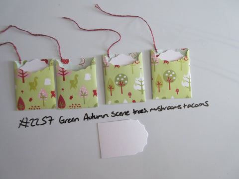 Set of 4 No.2257 Green Autumn Scene Trees, Mushrooms, Acorns Handmade Gift Tags