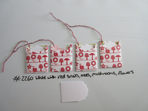 Set of 4 No.2260 White with Red Snails, Trees, Mushroom, Flower Handmade Gift Tags