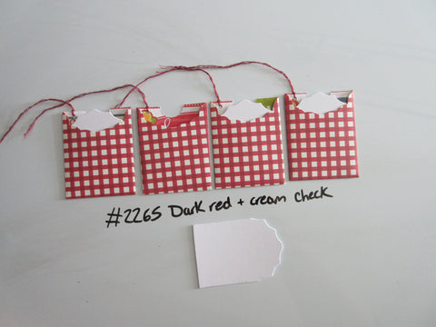 Set of 4 No.2265 Dark Red & Cream Check Unique Handmade Gift Tags