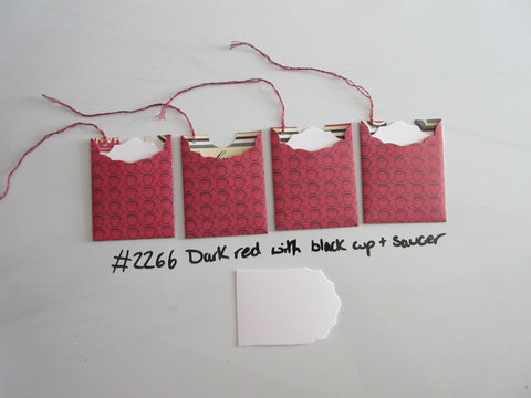 Set of 4 No.2266 Dark Red with Black Cup & Saucer Unique Handmade Gift Tags