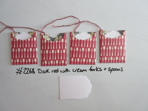 Set of 4 No.2268 Dark Red with Cream Forks & Spoons Unique Handmade Gift Tags