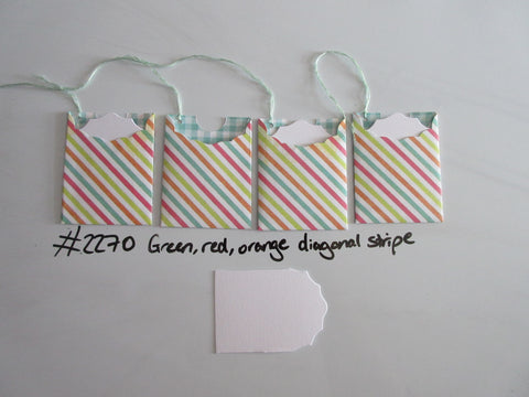 Set of 4 No.2270 Green, Red, Orange Diagonal Stripe Unique Handmade Gift Tags