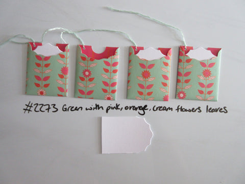 Set of 4 No.2273 Green Pink Orange Cream Flowers Leaves Unique Handmade Gift Tags