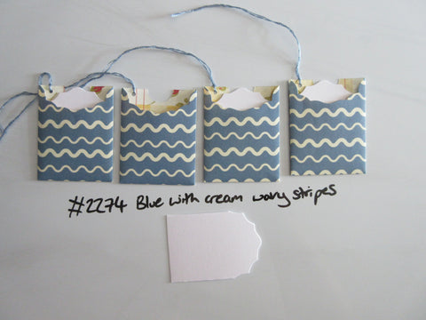 Set of 4 No.2274 Blue with Cream Wavy Stripes Unique Handmade Gift Tags