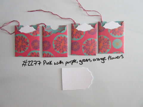 Set of 4 No.2277 Pink with Purple Green Orange Flowers Unique Handmade Gift Tags