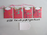 Set of 4 No.2281 Pink with Green & Purple Flowers Unique Handmade Gift Tags