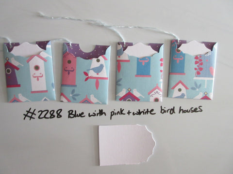 Set of 4 No.2288 Blue with Pink & White Bird Houses Unique Handmade Gift Tags