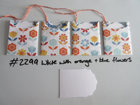 Set of 4 No.2299 White with Orange & Blue Flowers Unique Handmade Gift Tags