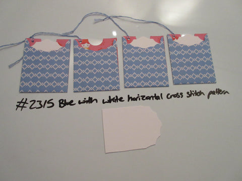 Set of 4 No.2315 Blue with White Horizontal Cross Stitch Unique Handmade Gift Tags