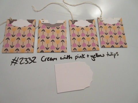 Set of 4 No.2332 Cream with Pink & Yellow Tulips Unique Handmade Gift Tags