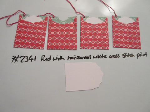 Set of 4 No.2341 Red with Horizontal White X Stitch Print Unique Handmade Gift Tags