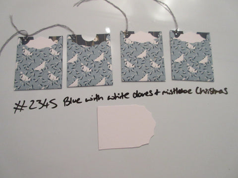 Set of 4 No.2345 Blue with White Doves & Mistletoe Xmas Unique Handmade Gift Tags