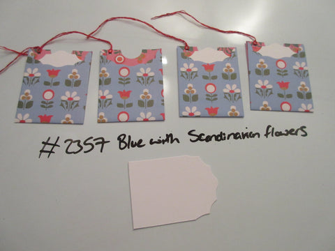 Set of 4 No.2357 Blue with Scandinavian Flowers Unique Handmade Gift Tags