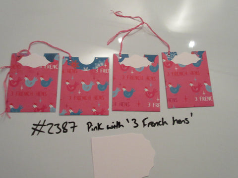 Set of 4 No.2387 Pink with 3 French Hens Unique Handmade Gift Tags