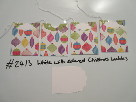 Set of 4 No.2413 White with Coloured Christmas Baubles Unique Handmade Gift Tags