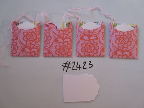 Set of 4 No.2423 Pink with Deep Orange Flowers Unique Handmade Gift Tags