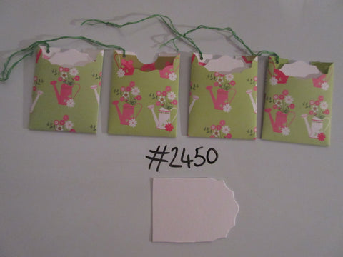 Set of 4 No.2450 Green with Flowers and Watering Cans Unique Handmade Gift Tags