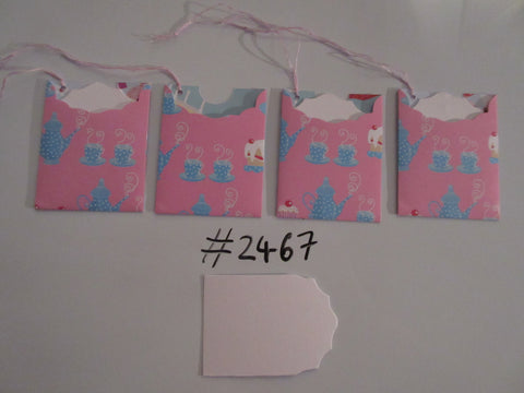 Set of 4 No.2467 Pink with Afternoon Tea Design Unique Handmade Gift Tags