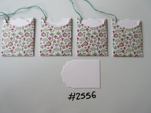 Set of 4 No.2556 White with Green & Red Christmas Bauble Unique Handmade Gift Tags