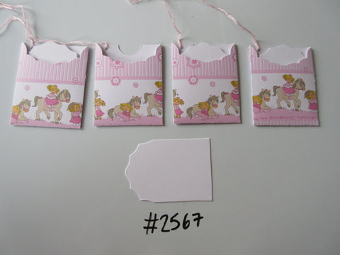 Set of 4 No.2567 Pink with Little Girl and Horse / Pony Unique Handmade Gift Tags