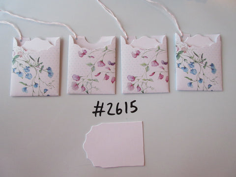 Set of 4 No.2615 White with Pink and Blue Flowers Unique Handmade Gift Tags