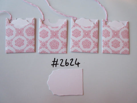 Set of 4 No.2624 White with Pink Roses & Diamond Shapes Unique Handmade Gift Tags