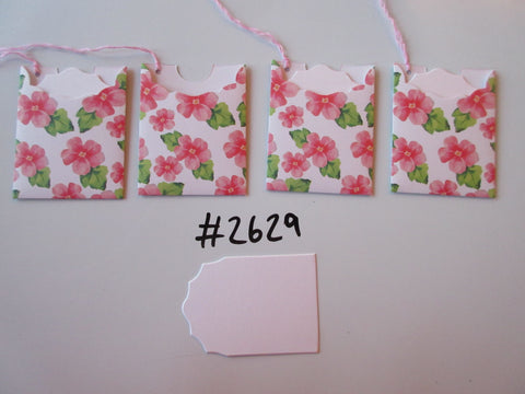 Set of 4 No.2629 White with Pink Flowers Unique Handmade Gift Tags