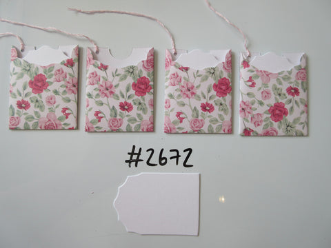 Set of 4 No.2672 White with Pink Flowers and Leaves Unique Handmade Gift Tags