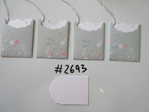 Set of 4 No.2693 Green with Flowers and Scrolls Unique Handmade Gift Tags