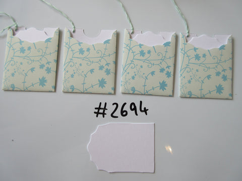 Set of 4 No.2694 Pale Green with Blue Flowers Unique Handmade Gift Tags