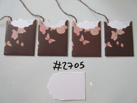 Set of 4 No.2705 Brown with Pink Flowers and Butterflies Unique Handmade Gift Tags