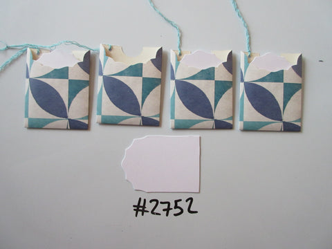 Set of 4 No.2752 White, Blue & Teal Ovals and Squares Unique Handmade Gift Tags