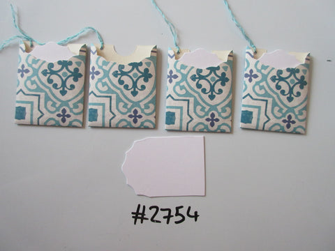 Set of 4 No.2754 White, Blue & Teal Old Fashioned PatternUnique Handmade Gift Tags