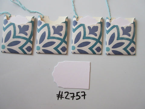 Set of 4 No.2757 White, Blue & Teal Flower Shape Pattern Unique Handmade Gift Tags