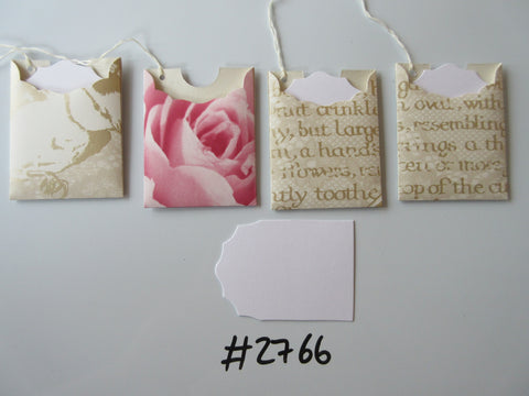 Set of 4 No.2766 Cream with Script, Bird & Lt Pink Rose Unique Handmade Gift Tags