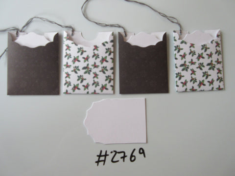 Set of 4 No.2769 White w/ Holly and Berry & Brown w/ Snowflakes Handmade Gift Tags