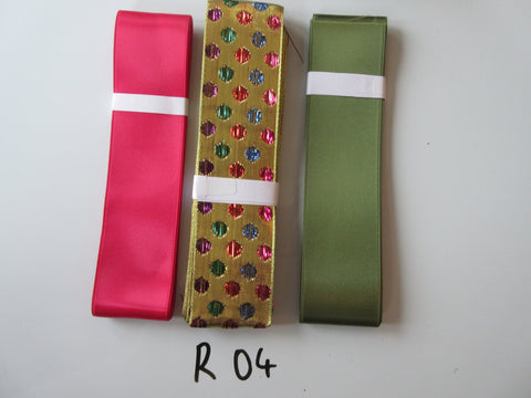 R04 Job Lot 3 Ribbons, Pinky Red, Green & Gold Circles