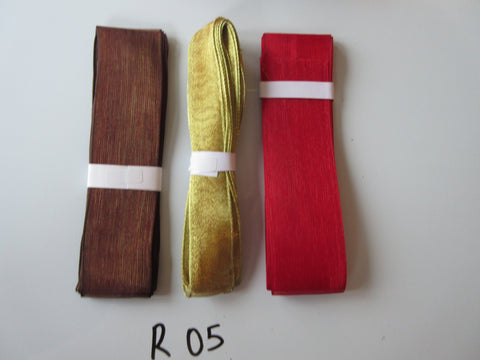 R05 Job Lot 3 Ribbons, Gold Colour, Red & Brown