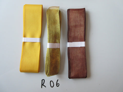 R06 Job Lot 3 Ribbons, Gold Colour, Brown & Yellow