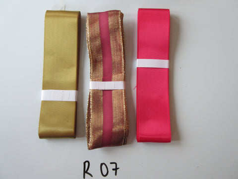 R07 Job Lot 3 Ribbons, Gold Colour & Pinky Red