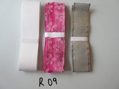 R09 Job Lot 3 Ribbons, Silver Colour, White & Pink