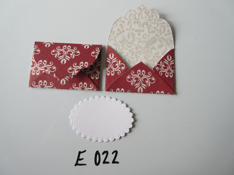Set of 2 E022 Red with Cream Filigree Unique Handmade Envelope Gift Tags