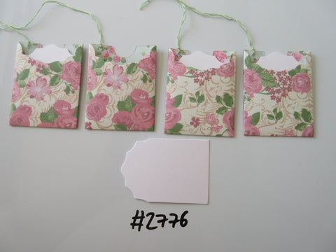 Set of 4 No.2776 Cream with Pink Flowers & Roses Unique Handmade Gift Tags