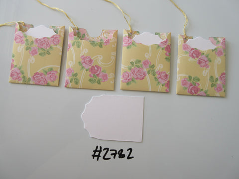 Set of 4 No.2782 Yellow with Pink Flowers and Scrolls Unique Handmade Gift Tags