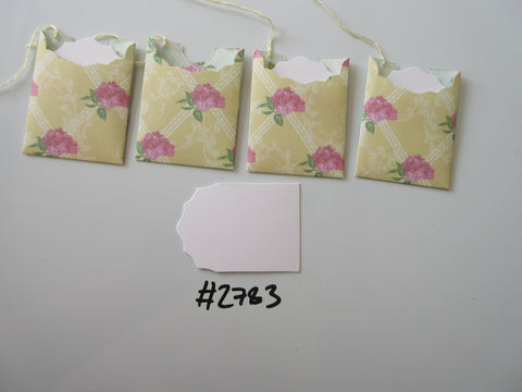 Set of 4 No.2783 Yellow with Pink Flowers and Diamonds Unique Handmade Gift Tags