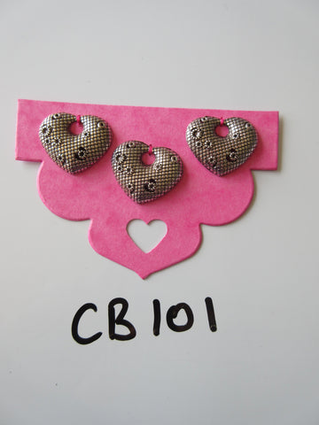 CB101 Lot of 3 Silver Colour Heart Metal Charm Beads