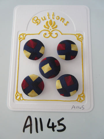 A1145 - Lot of 5 Handmade Navy with Red & Yellow Squares Fabric Covered Buttons
