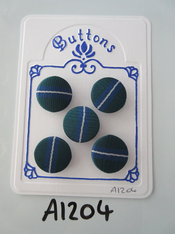 A1204 - Lot of 5 Handmade Green with Blue Stripe Fabric Covered Buttons
