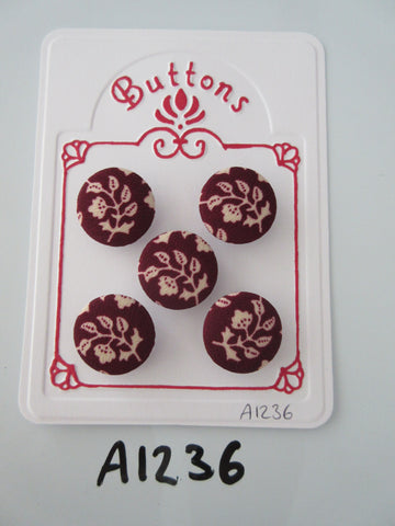 A1236 - Lot of 5 Handmade Wine Colour with White Leaves Fabric Covered Buttons