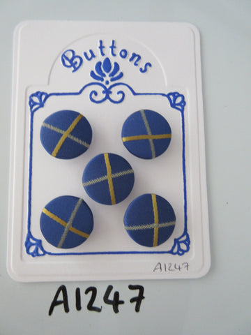 A1247 - Lot of 5 Handmade Blue with Yellow Cross Fabric Covered Buttons